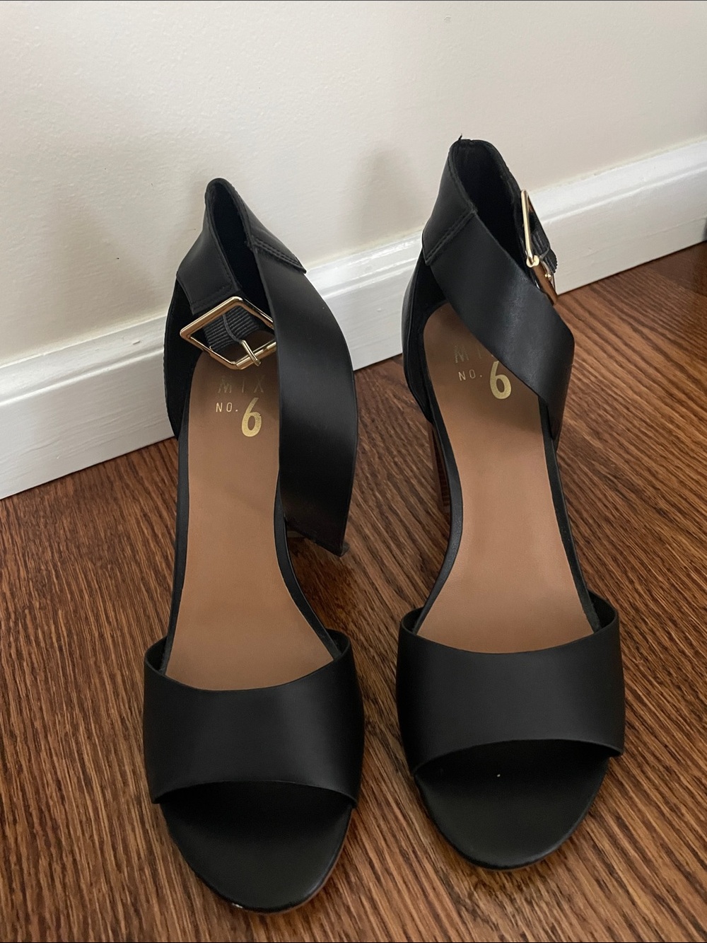 Black Open-Toe Ankle Buckle Block Heels